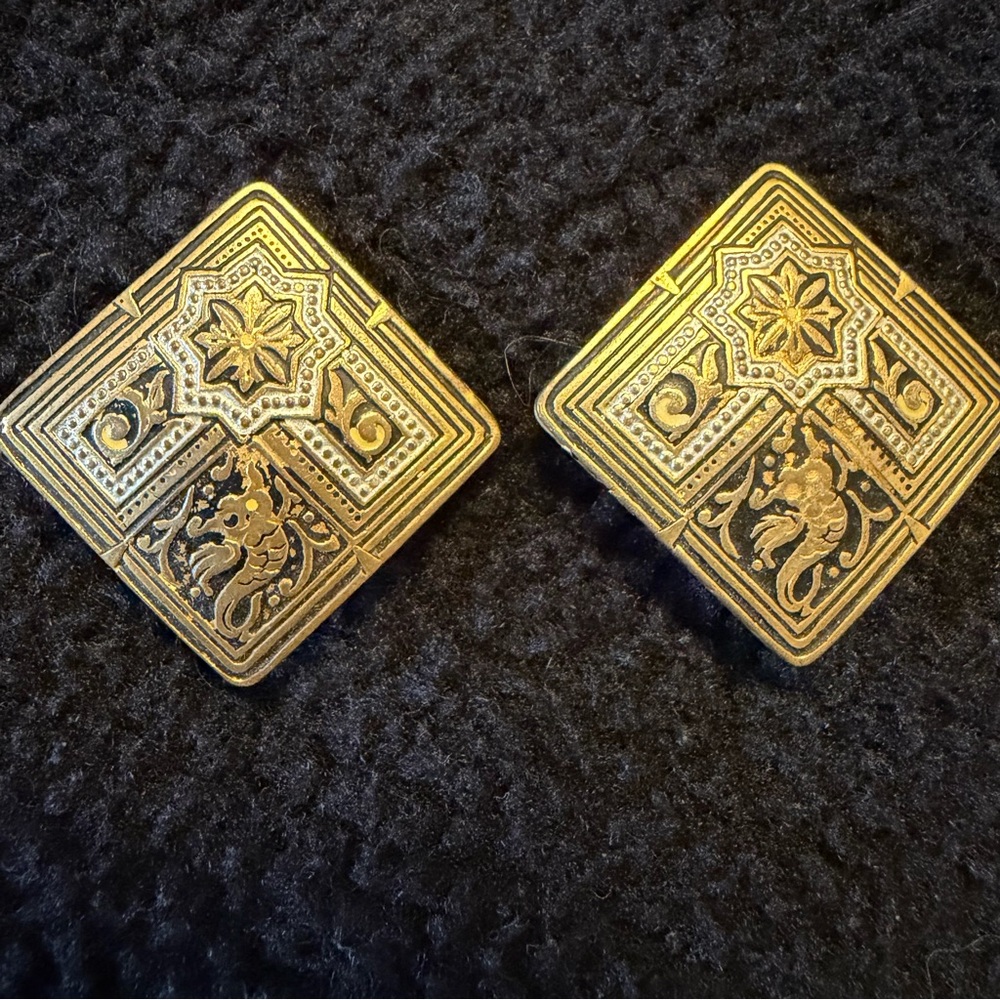 Vintage Damascene Clip On Earrings, Spain